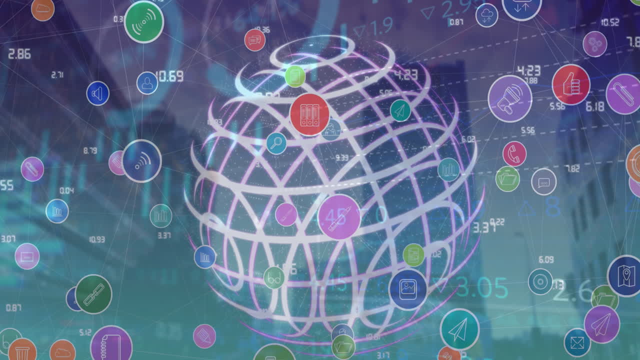 animación de la red de globo digital giratorio y procesamiento de datos contra edificios altos