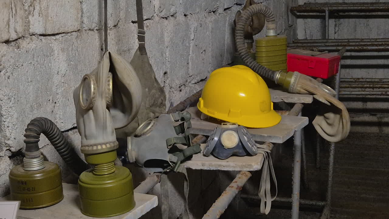 Elmetto e maschera antigas in un rifugio minerario