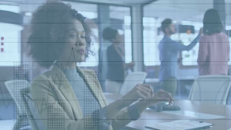 animation of charts and data processing over smiling biracial businesswoman in office