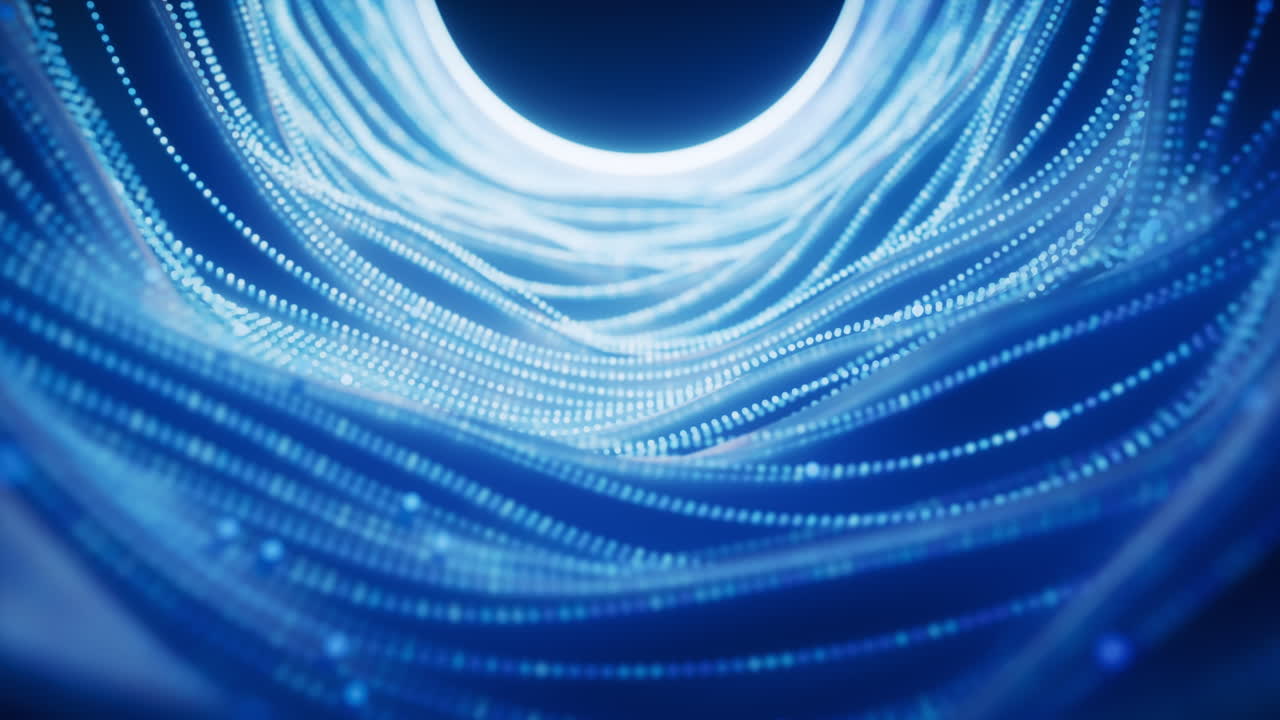 Dark round tunnel with glowing neon lines, 3d rendering