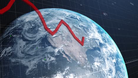 Animation-of-financial-data-processing-with-red-line-over-globe