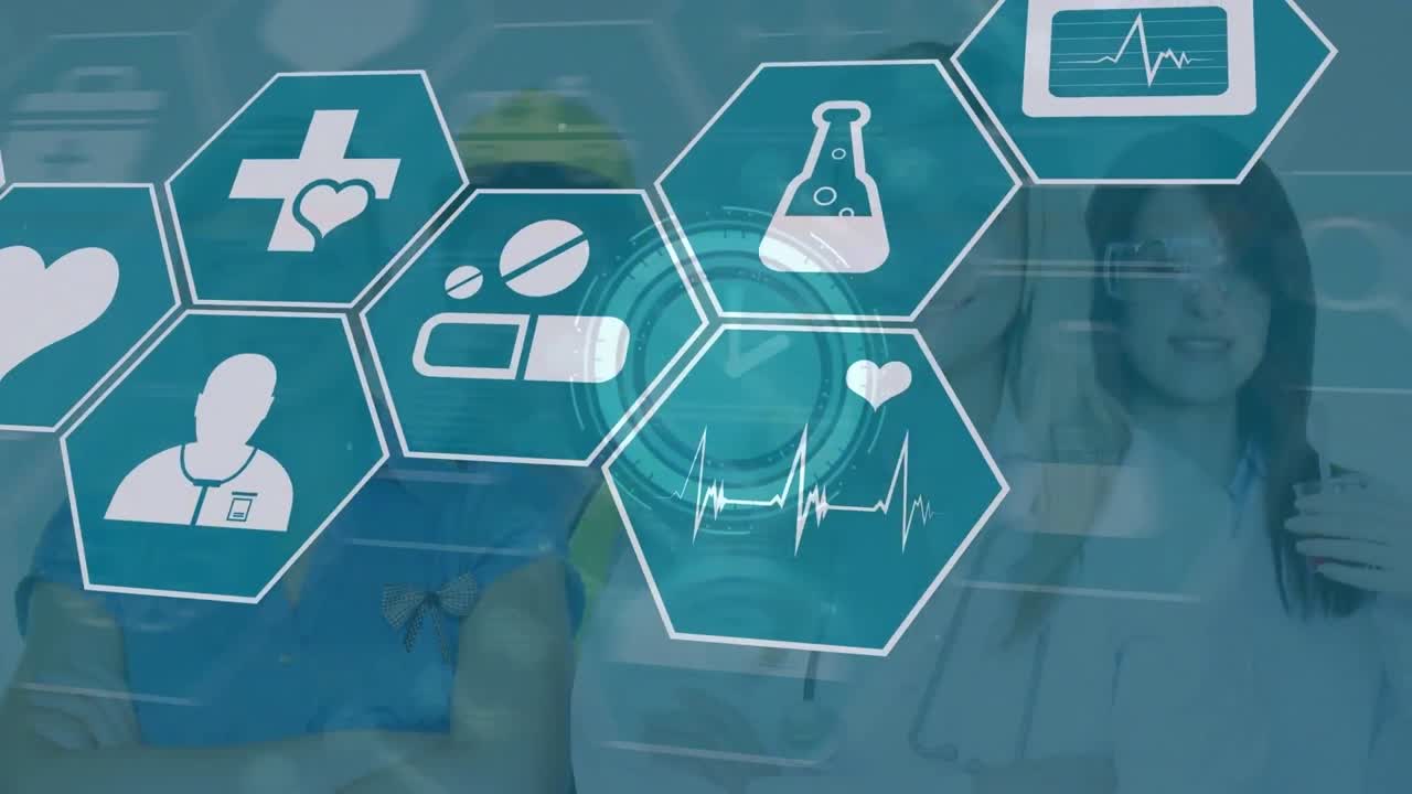 다양한 의사들에 대한 의료 아이콘 및 데이터 처리 네트워크의 애니메이션