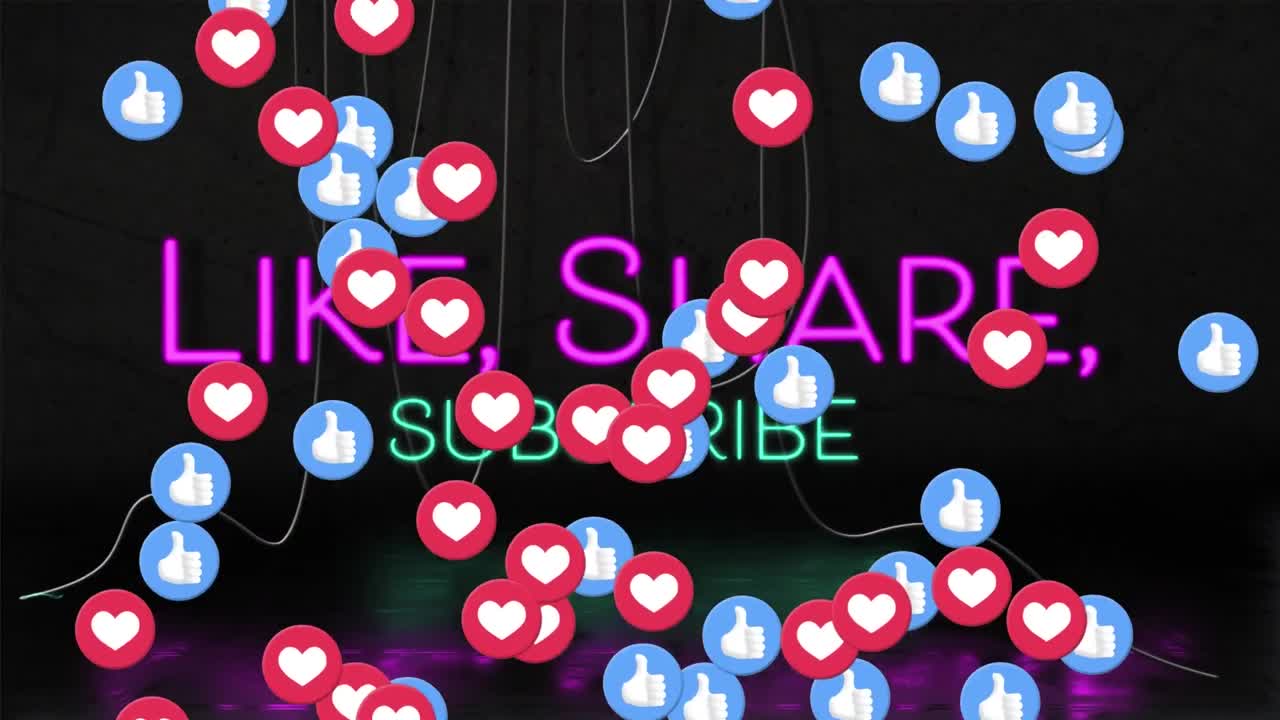 검은색 배경의 소셜 미디어 아이콘 위에 좋아, 공유, 구독 텍스트의 애니메이션