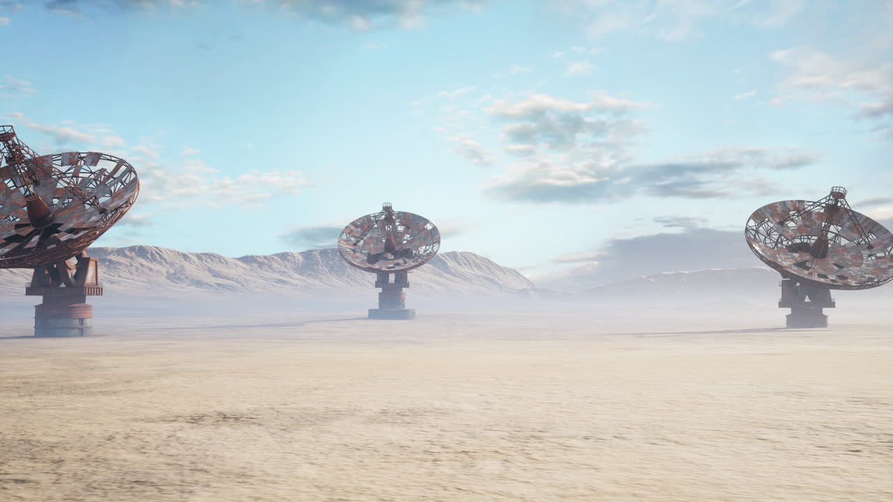 Neglected structure with radar dishes and satellite antennas in desert landscape