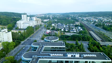 rooftops of ppnt business hub buildings near redlowo railway station in gdynia, poland