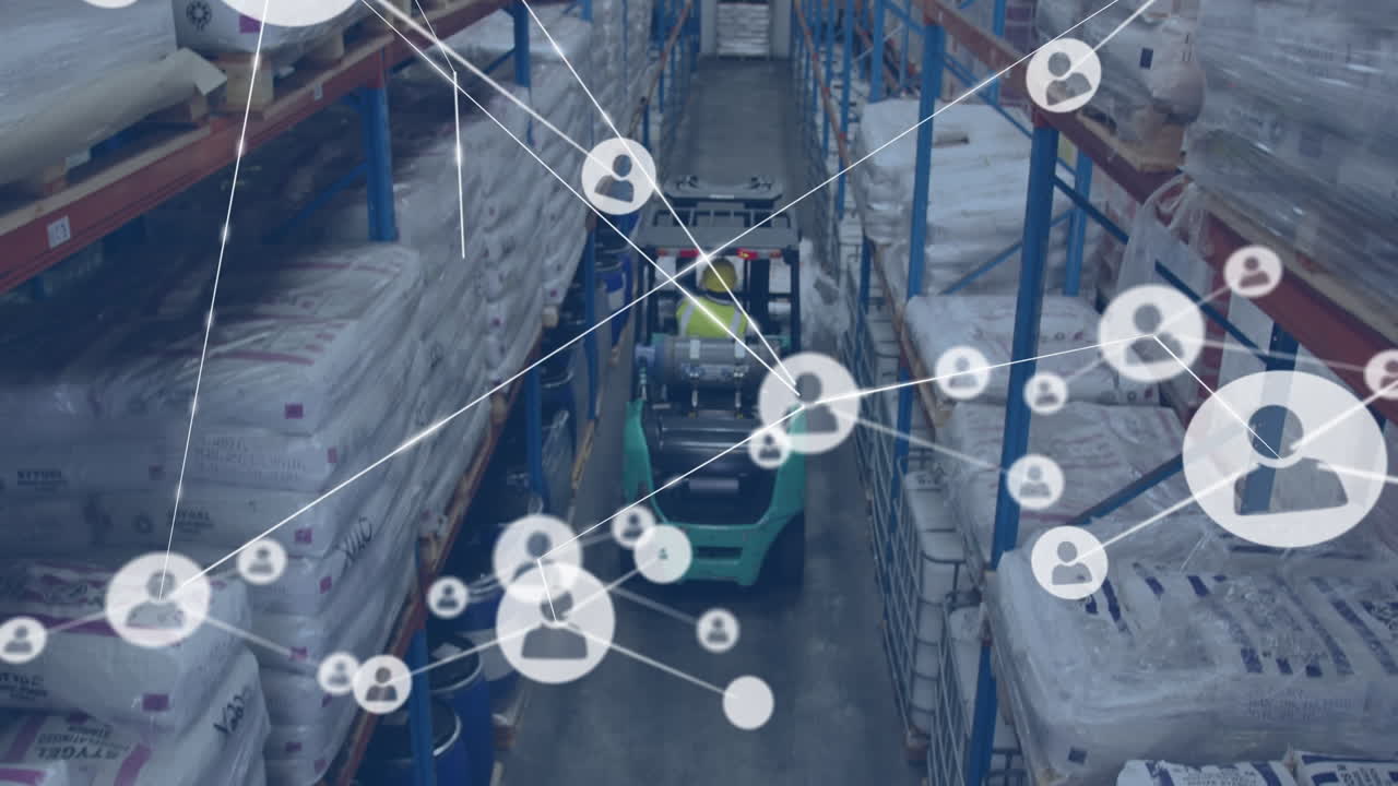 animación de la red de conexiones con iconos sobre el almacén