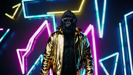 gorilla in a gold jacket with neon lights