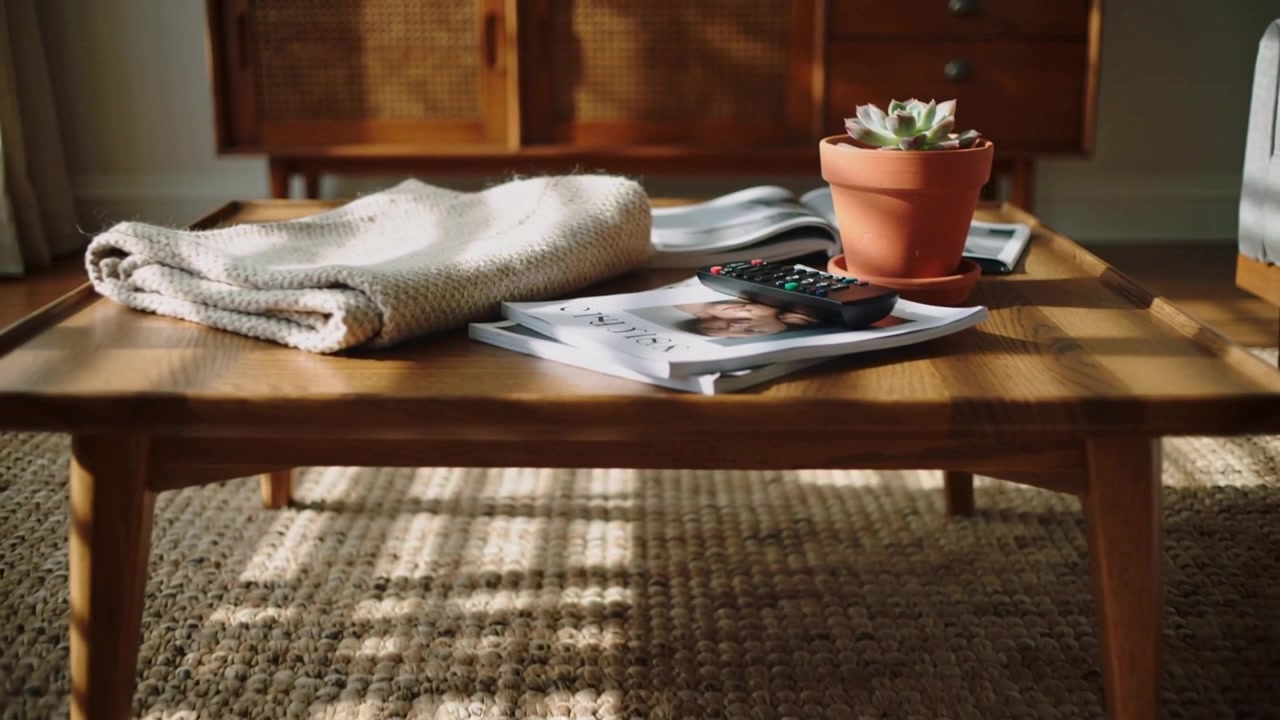 Pulling back camera revealing coffee table in living room, showing throw magazine remote succulent