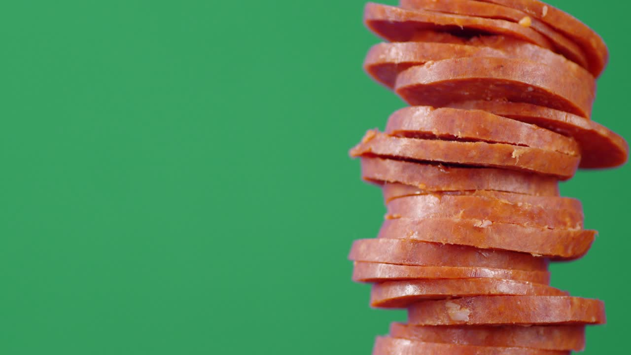 A bunch of pieces of salami slowly rotates.
