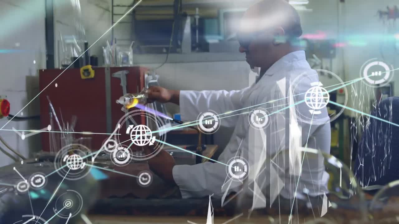 animación de una red de conexiones con iconos sobre un trabajador de laboratorio caucásico