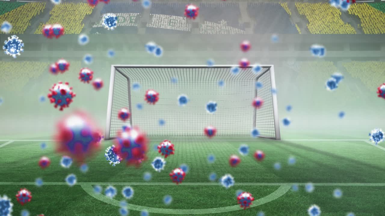 анимация клеток covid-19 над бразильским флагом на пустом спортивном стадионе