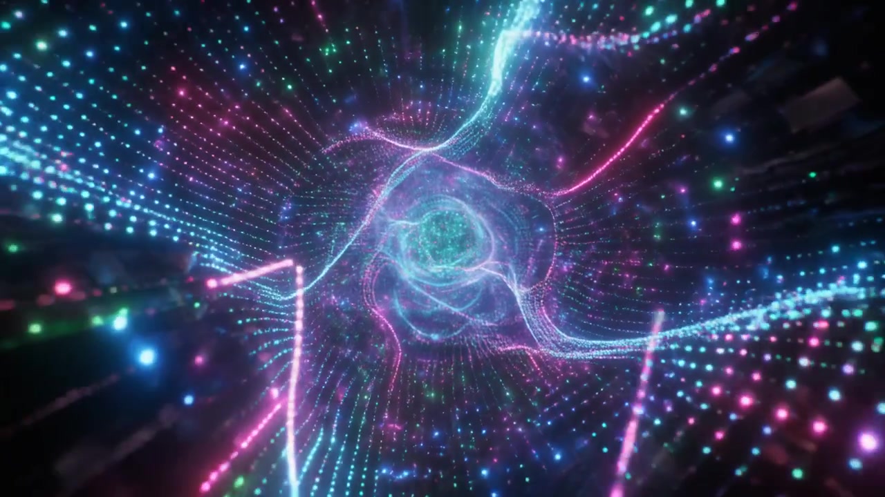 Tunnel Digitale Astratto con Particelle Neon Luminose e Scie di Luce