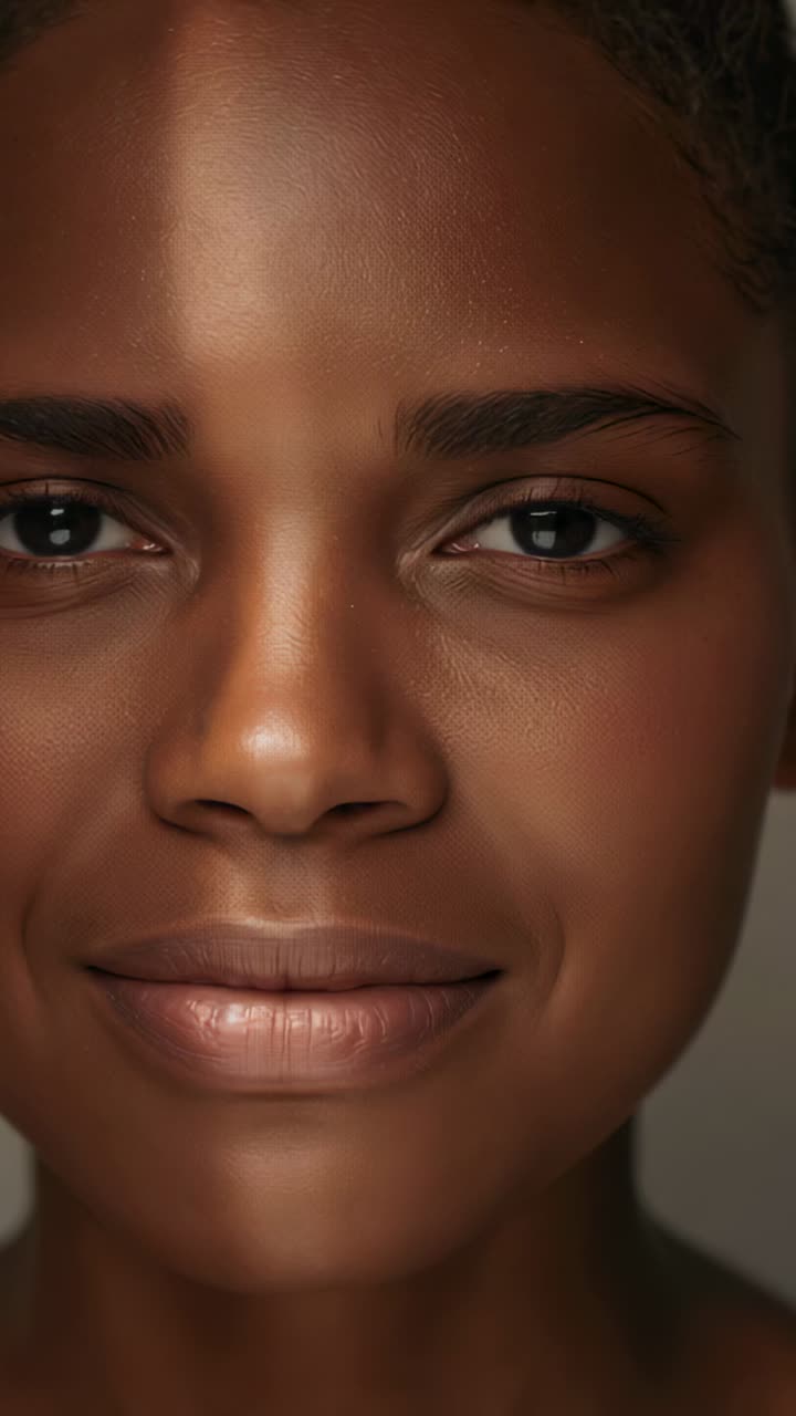 Vertical video: Blinking woman keeping smile for portrait, camera starting, showing catchlights