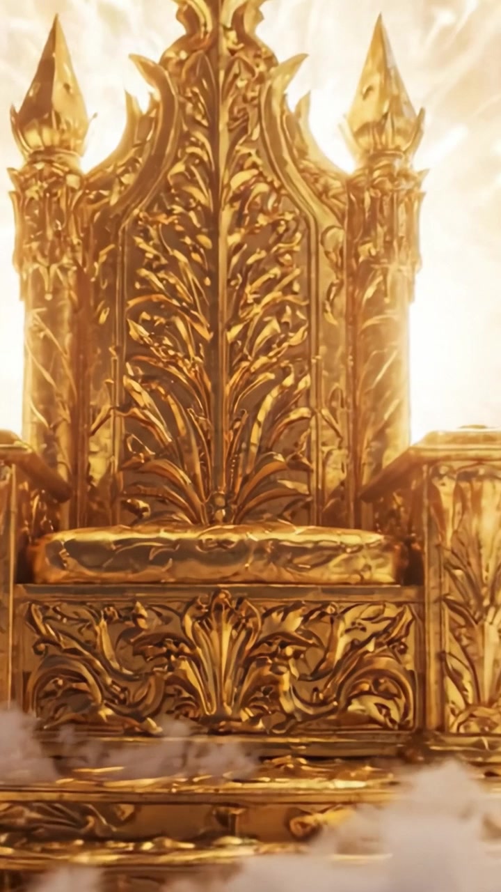 Un maestoso trono dorato illuminato da una luce radiosa, circondato da nuvole eteree, che simboleggia potere, autorità e regalità in un regno mistico.