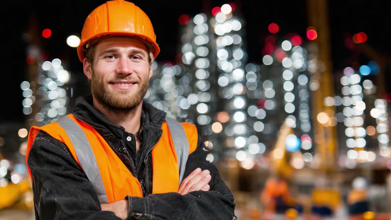 Un operaio edile sicuro di sé, con cappello arancione e gilet di sicurezza, sorride alla fotocamera, mostrando dedizione e professionalità in un paesaggio urbano illuminato di notte