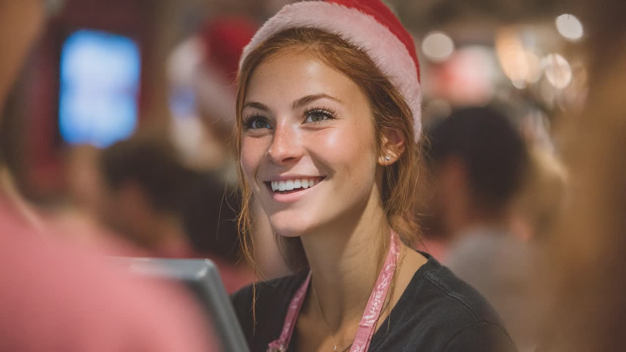 Periodo di feste felici: giovane donna sorridente con cappello da Babbo Natale intenta a festeggiare in un evento affollato