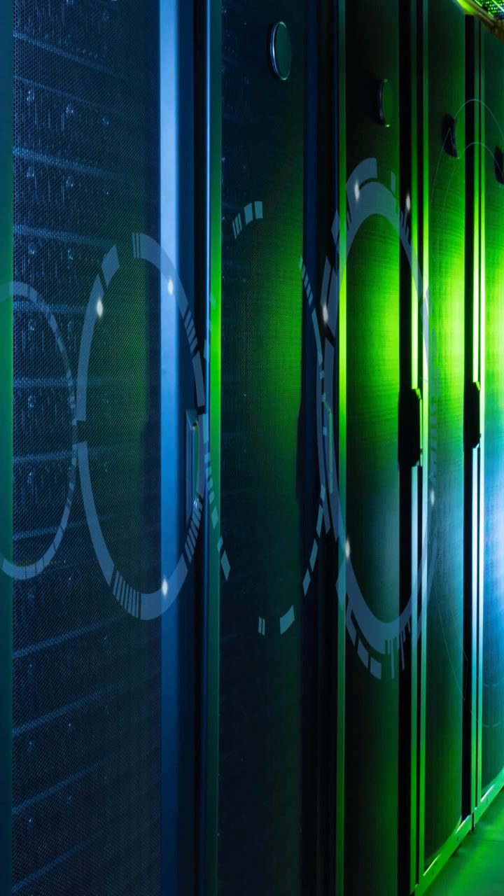 Animation of moving circles forming tunnel over illuminated server room in background