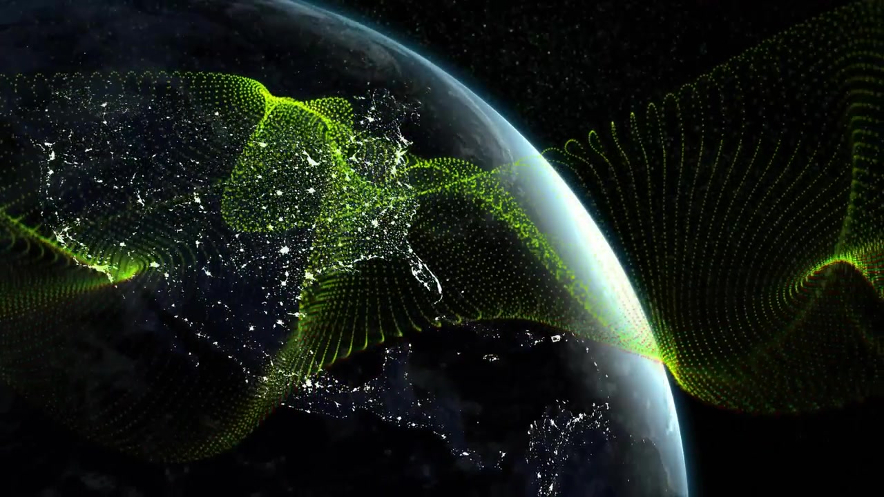 Earth globe rotating in space, showing glowing city lights and translucent dotted waveforms