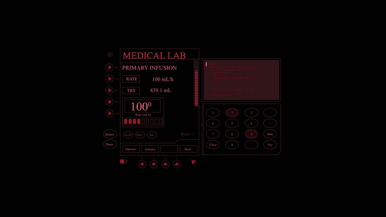 Red hud shows medical instrument data and information of text and numbers