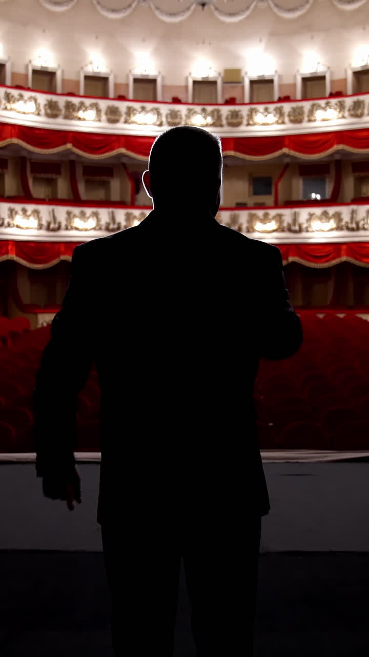 Panoramic view of a theater inside. Rear view of a presenter in the empty theater. Host on stage during the rehearsal. Vertical video