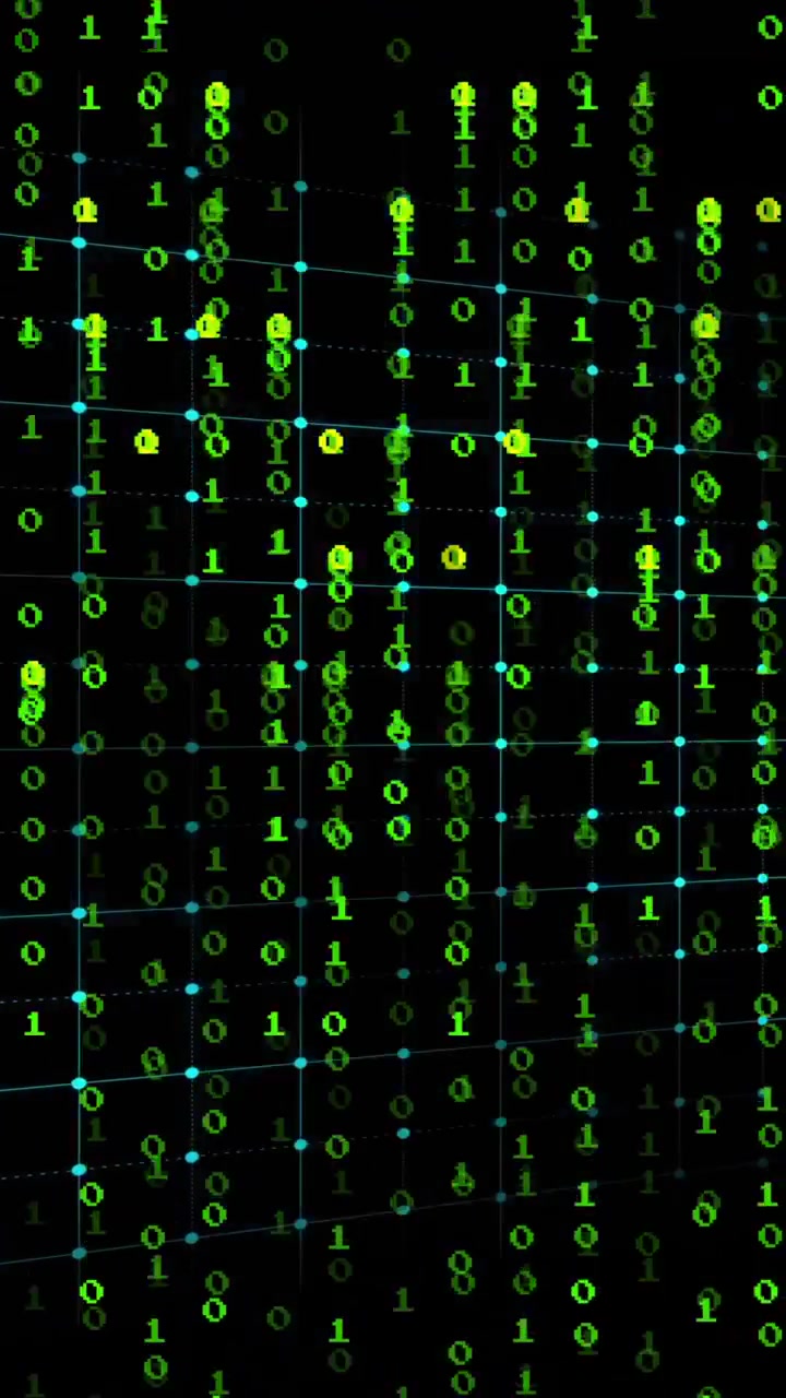 Animation of blue heartbeat line moving over green binary code background
