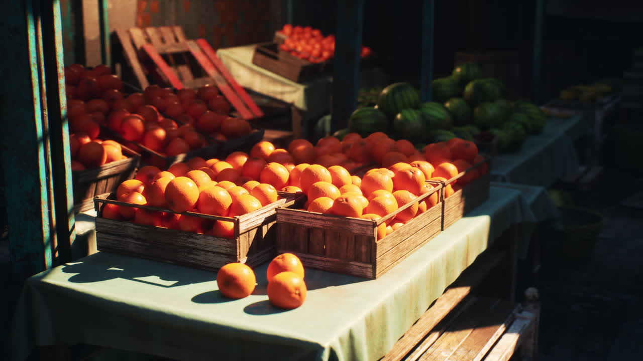 시장 에 있는 나무 상자 에 있는 오렌지 와 수박