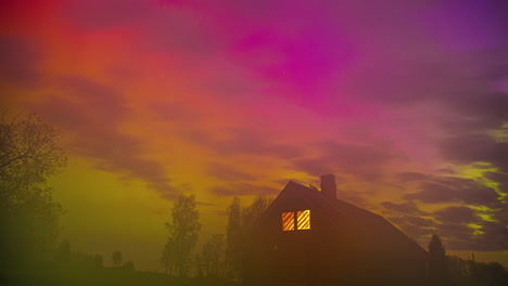 colorful northern lights with fog on the rural camping site with hut