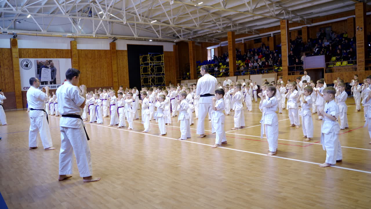 Big group of little kids having karate master class. Children repeat after their male coaches. Spectators sitting in the gym at backdrop.