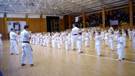 big group of little kids having karate master class. children repeat after their male coaches. spectators sitting in the gym at backdrop.