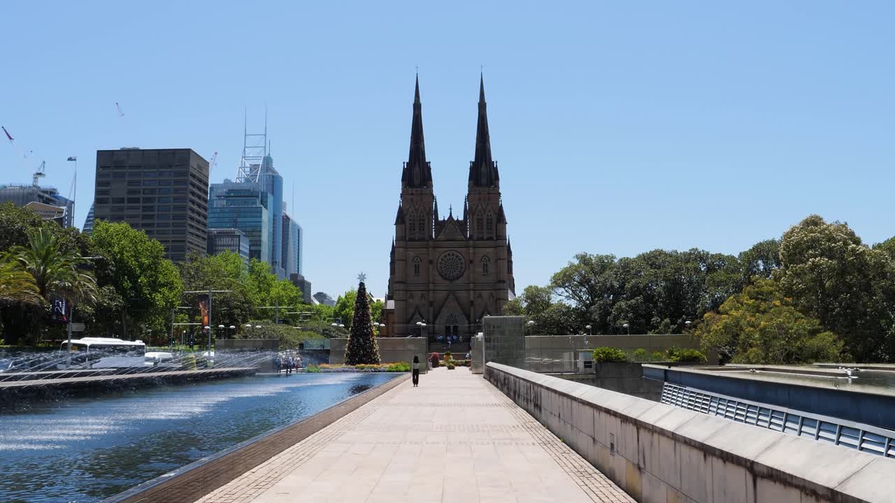 St Mary's Cathedral, Sydney, Australia.Christmas tree in front of the cathedral.
