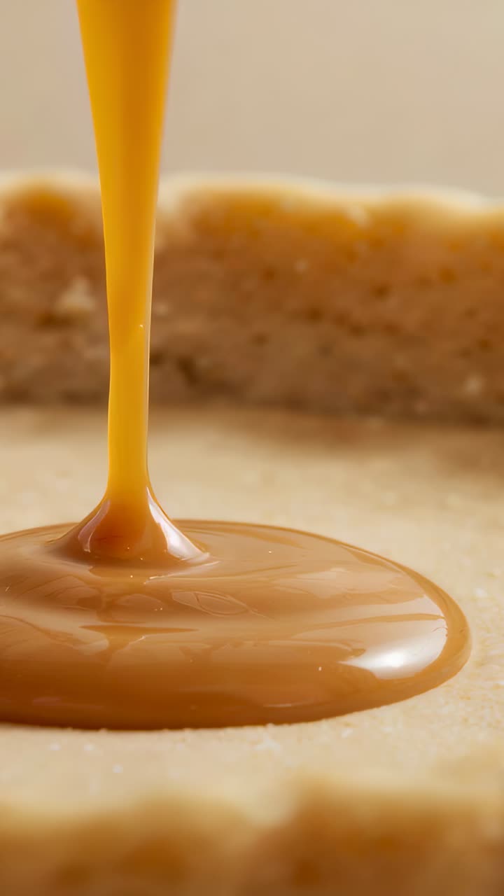 Vertical video: Pouring caramel stream touching tart shell in studio, forming glossy filling, crust