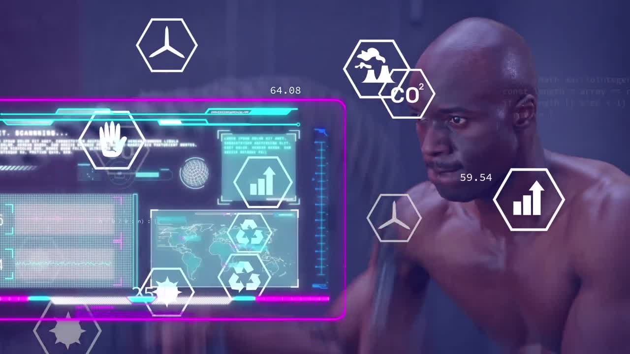 Animation of data processing over man exercising