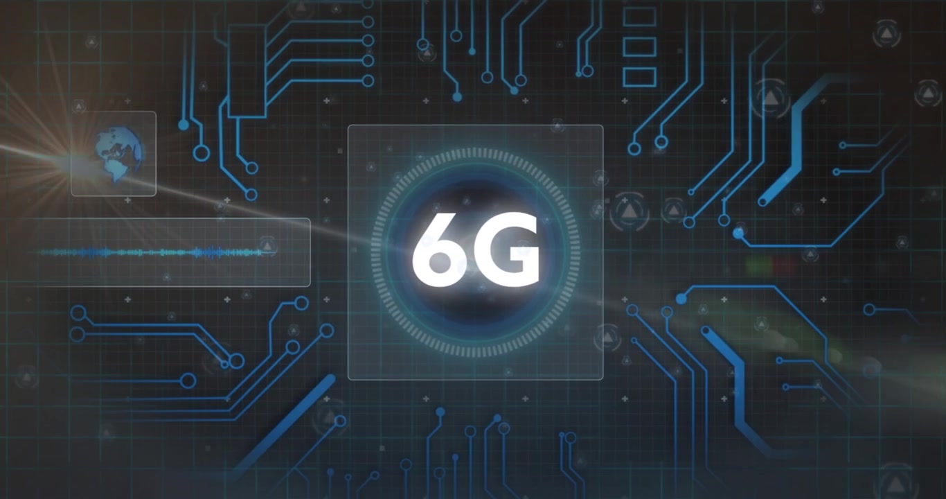 Animazione del testo "6G" e luce su una scheda madre che elabora dati di rete su sfondo scuro.