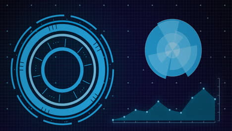 animation of interface with spinning round scanners and data processing against blue background