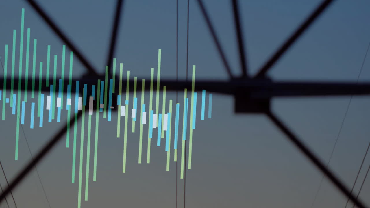 At dusk, sound wave animation overlaying blurred industrial structure in background