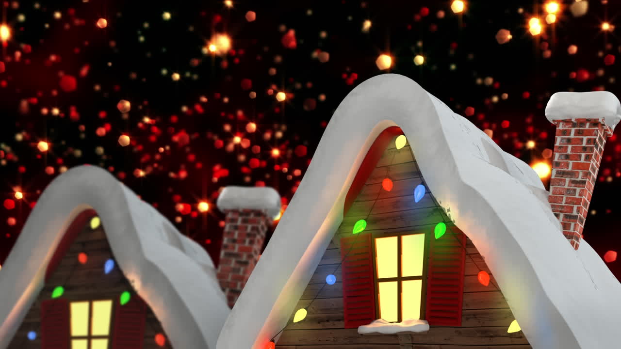 검은 바탕에 장식 된 집과 빨간 빛 반점과 함께 겨울 풍경의 애니메이션