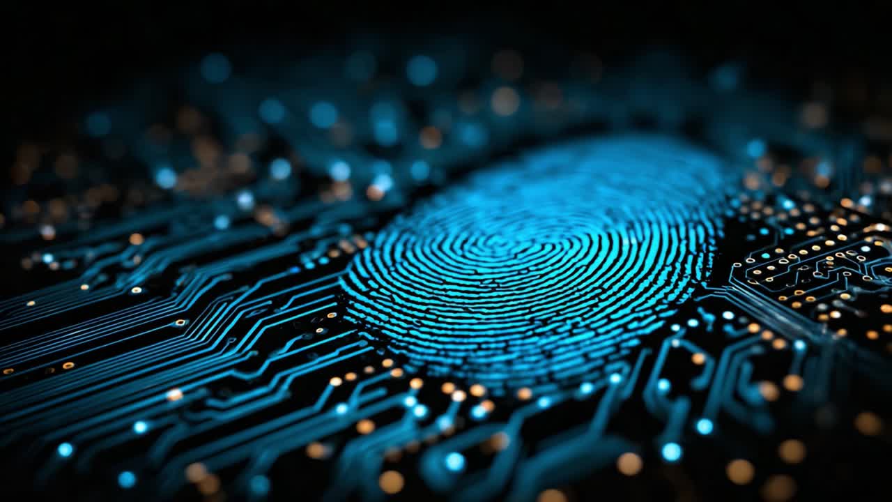 Udforskning af skæringspunktet mellem teknologi og identitet: En detaljeret visuel repræsentation af et digitalt fingeraftryk på et kredsløbskort.