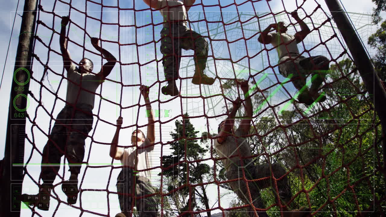 Climbing rope net outdoors, people participating in team-building animation activity