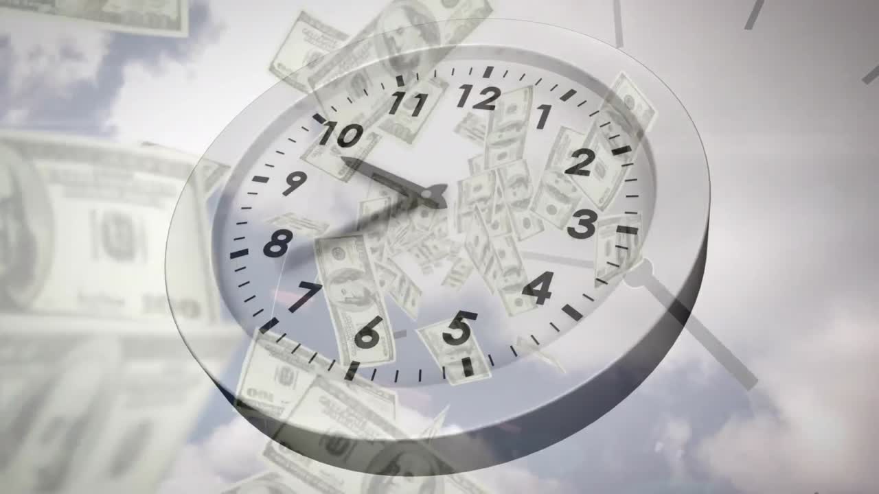 Animation of clock ticking over american dollar bills