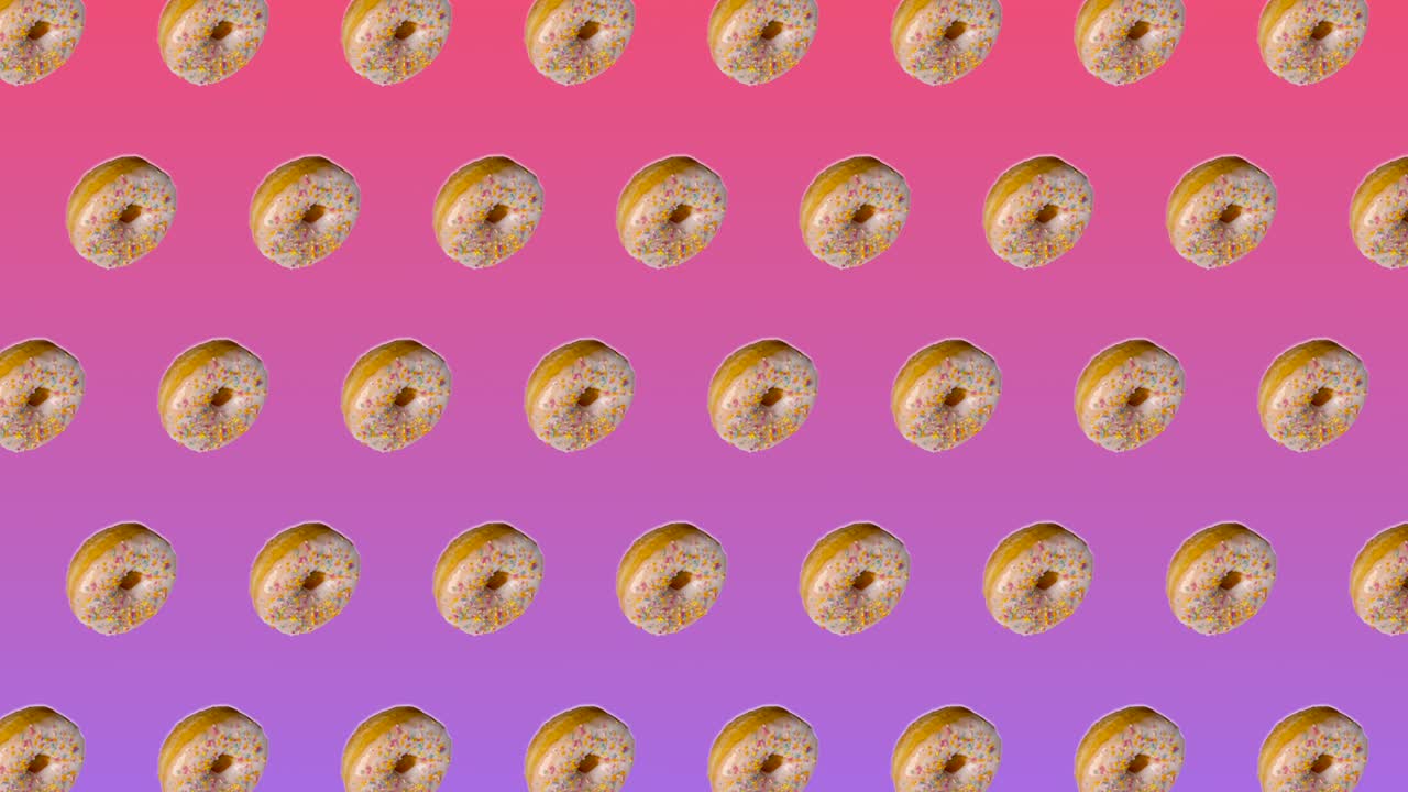 abstracto animación colorida - vista lateral rosquillas con salpicaduras de azúcar de colores se mueven hacia el lado en fondo de gradiente rosa - bucle sin costuras.