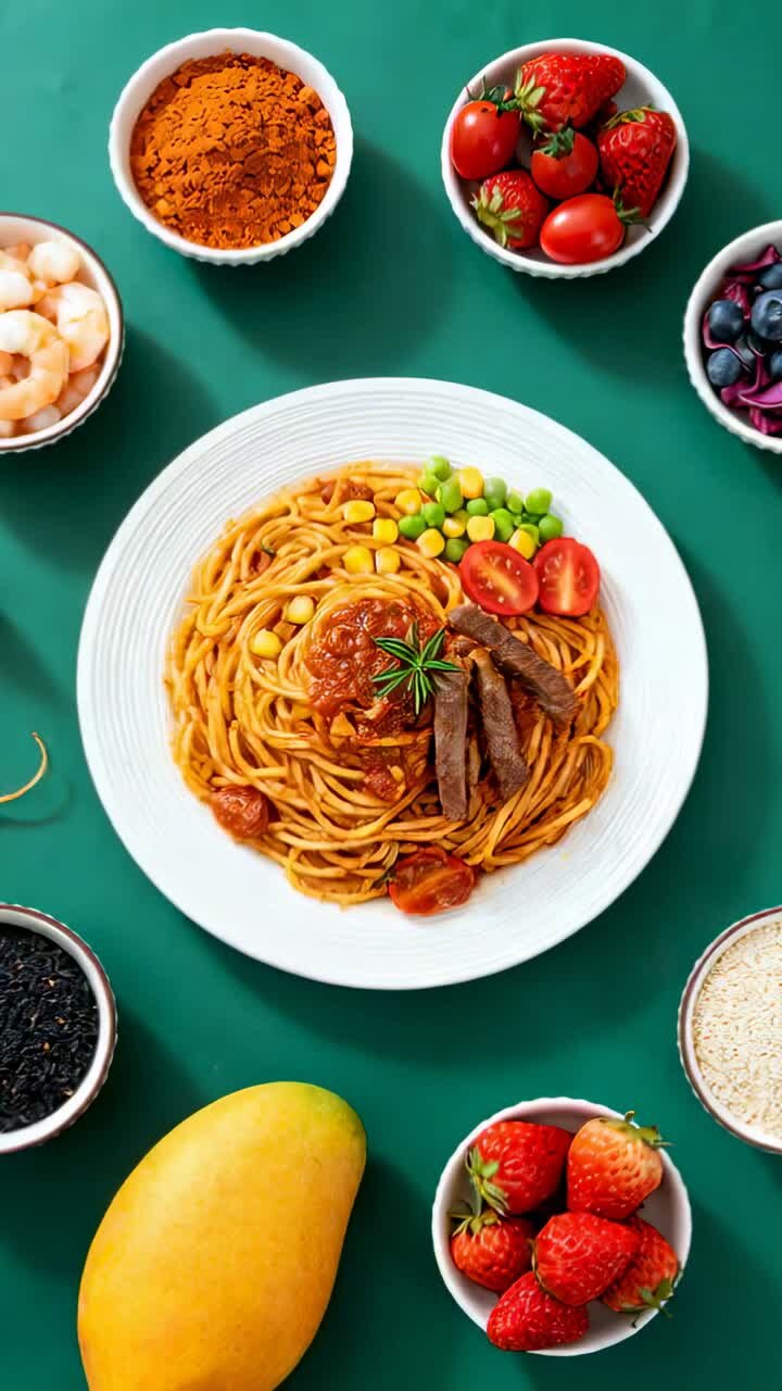 Video verticale: Inizia con un piatto bianco di spaghetti posto su un tavolo verde, con salsa e carne, per catalogo.