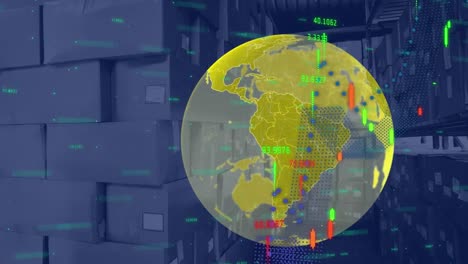 animación del globo y la interfaz digital con procesamiento de datos sobre el almacén