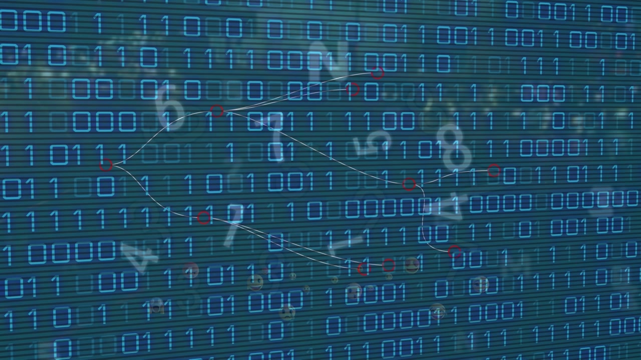Animation of binary codes moving over numbers and alphabets on digital interface