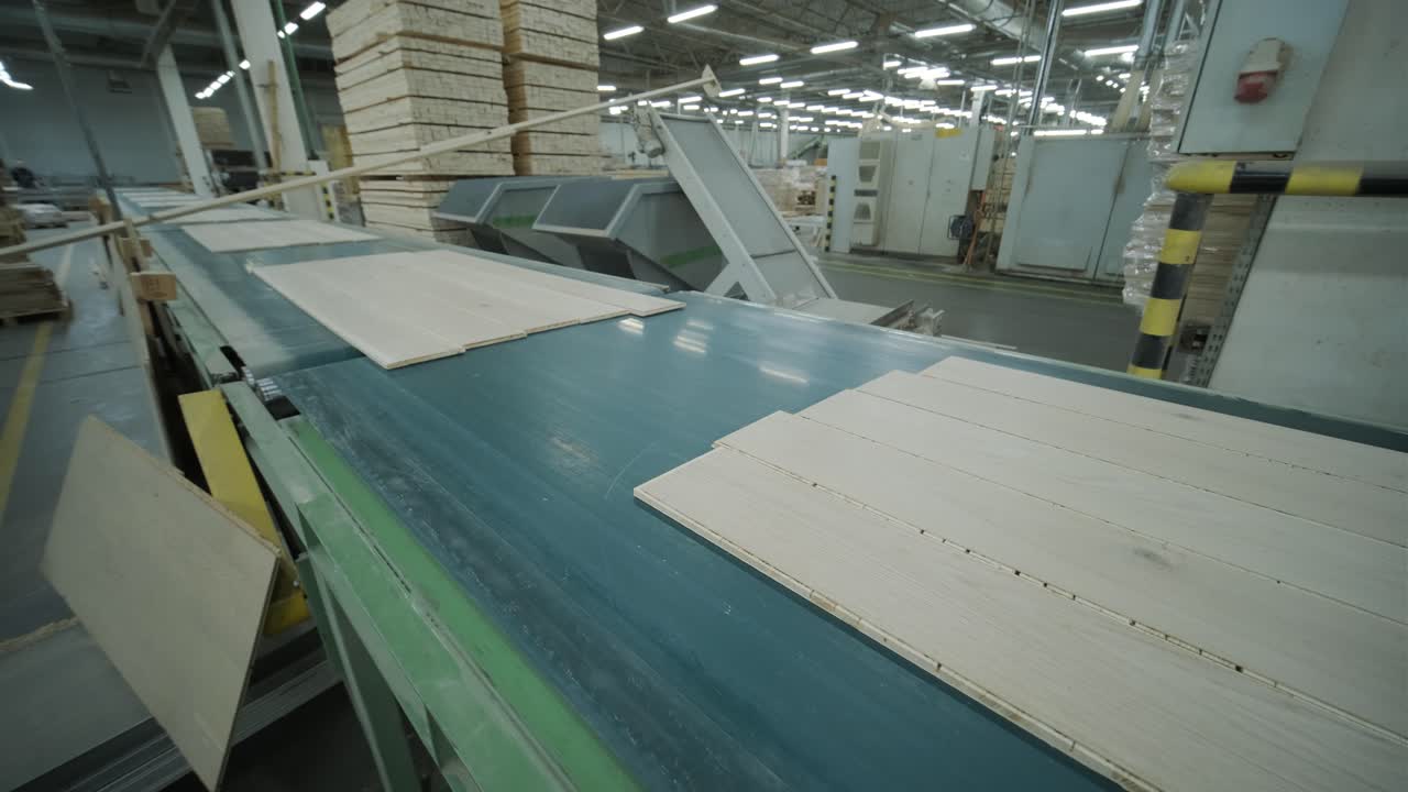 Wooden Planks Moving on Conveyor Belt in Woodworking Factory