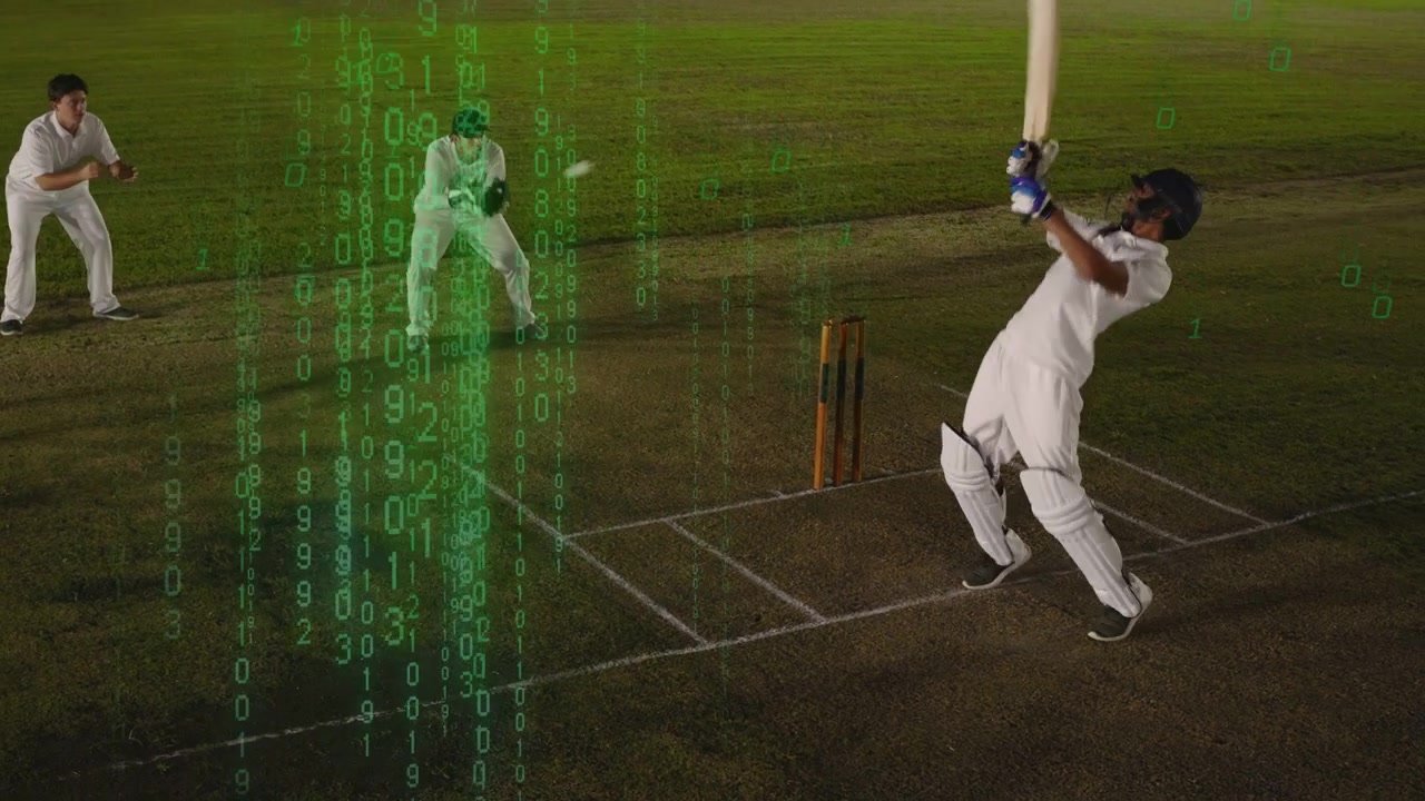 Cricket-batsman træder til bolden, slår et drive for at score, mens grøn kode skjuler keeperen