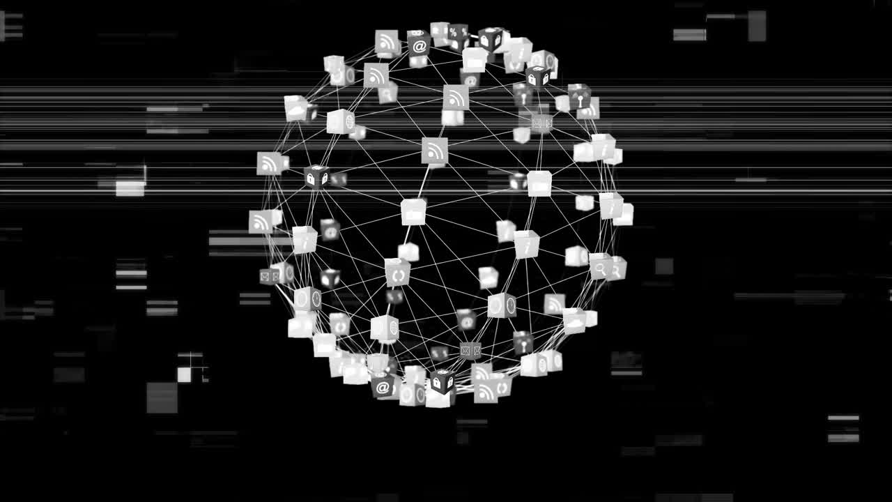 Animation of glitch globe of network of connections spinning on black background