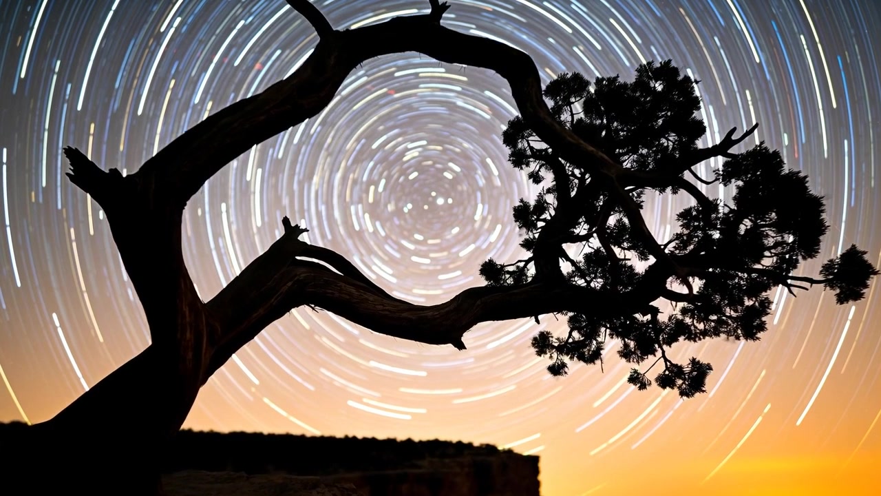 Camera recording rotating star trails over gnarled tree on cliff, capturing sky rotation
