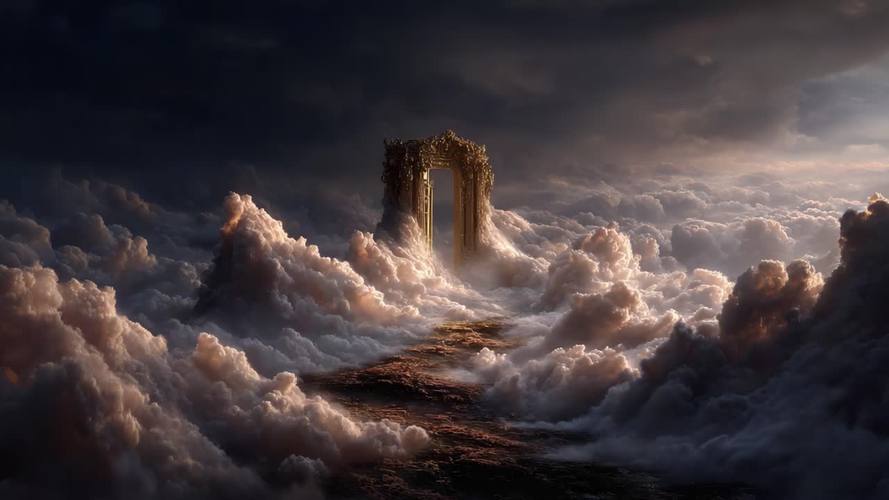 A Mystical Journey Through Ethereal Clouds: An Enchanted Doorway Leading to the Unknown Awaits on a Serene Pathway in a Dreamlike Landscape