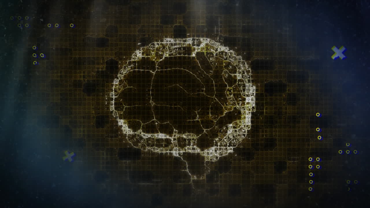 Animation of rotating brain with dots and crosses on interface on black background