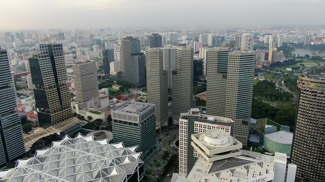 Fly over a busy business district
